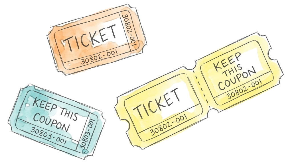 Hand-drawn watercolor raffle tickets in orange, yellow, and teal with rough gray pen linework