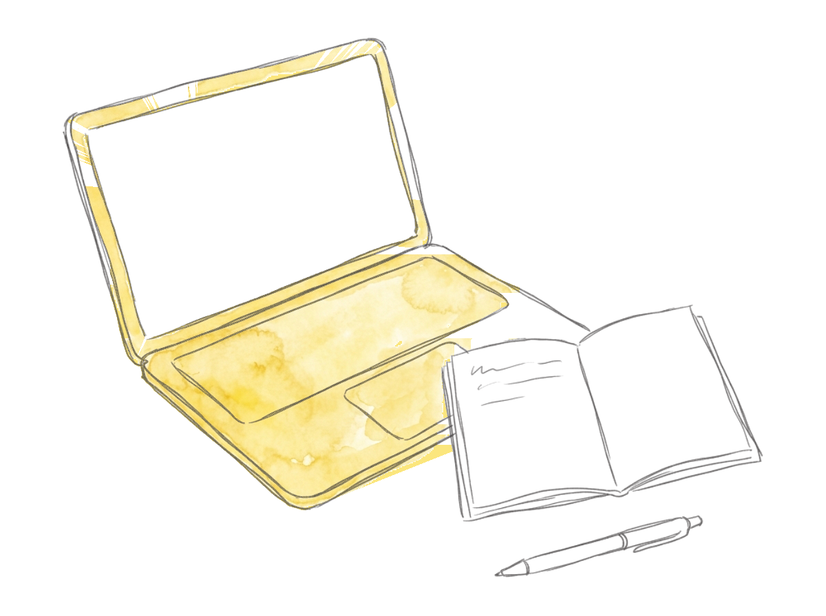 A laptop, notebook, and pen drawn in casual grey pen line art with a yellow watercolor wash