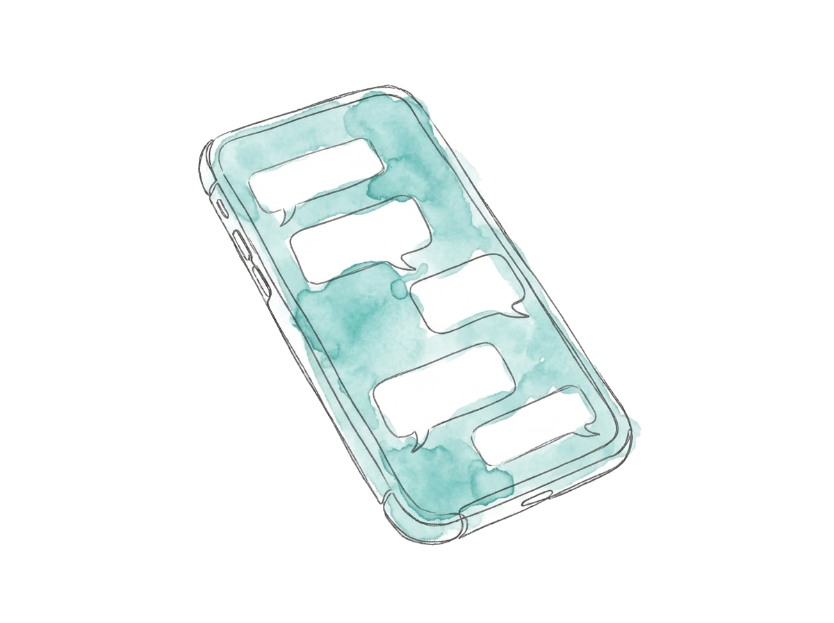 A cell phone with chat bubbles drawn in casual grey pen line art with a teal watercolor wash