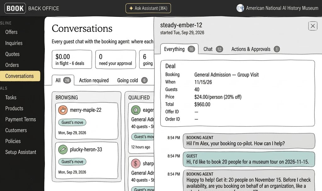 Negotiator back office showing the Conversations section: hand-drawn sketch of group conversations with status badges beside the full transcript of agent and customer turns.