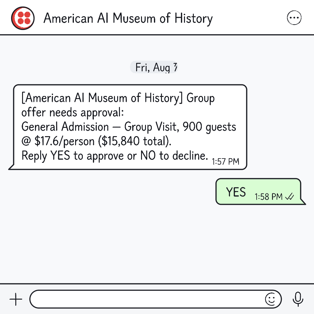 Hand-drawn sketch of a WhatsApp message asking a manager to approve a 900-guest group offer, answered with a one-word YES.